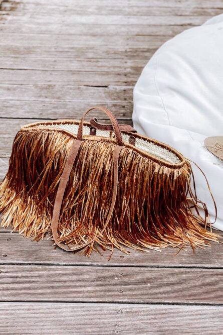 Grand Straw shoulder bag bronze with leather handles