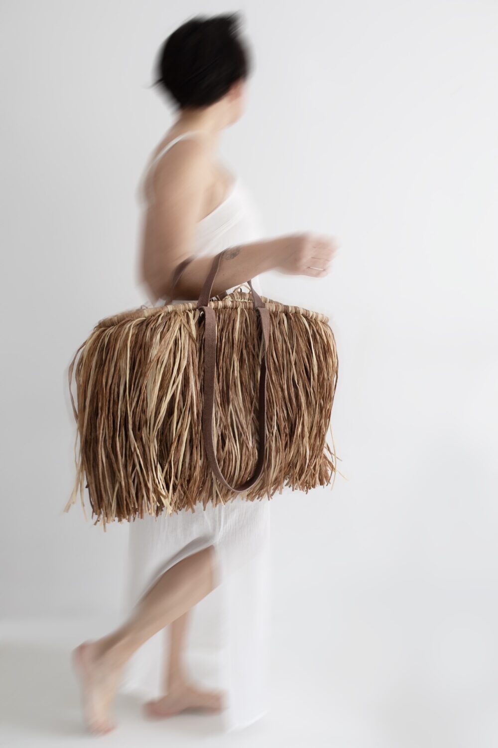 Tote Straw shoulder bag multi beige with leather handles - Image 5
