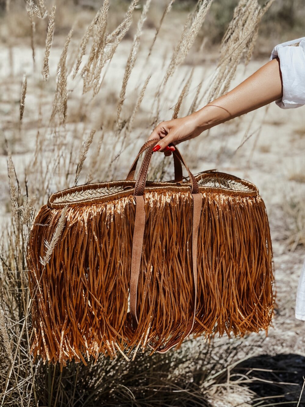 Tote Straw shoulder bag bronze with leather handles - Image 5