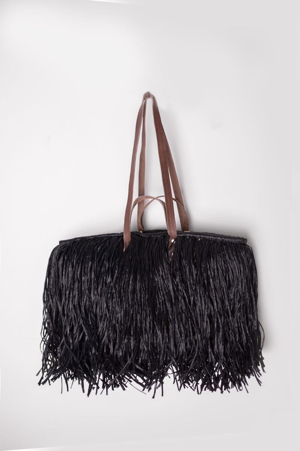 Tote Straw shoulder bag black with leather handles - Image 6
