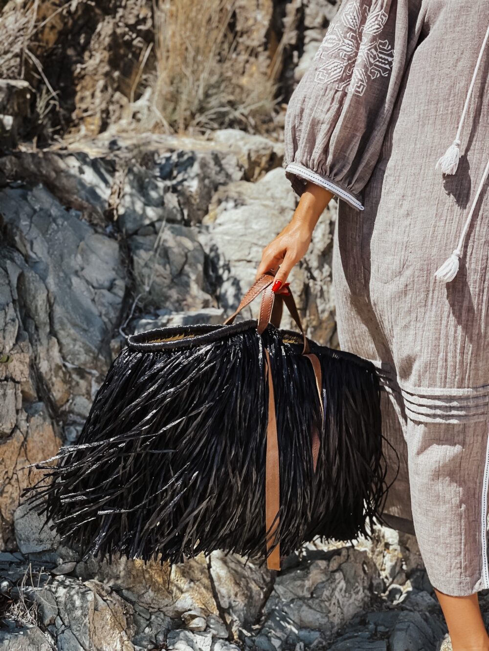 Tote Straw shoulder bag black with leather handles - Image 2