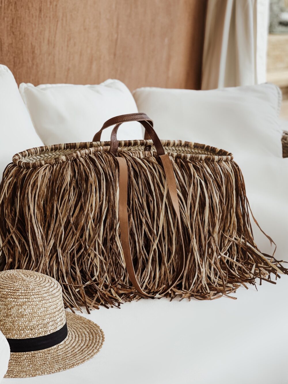 Grand Straw shoulder bag multi beige with leather handles - Image 3