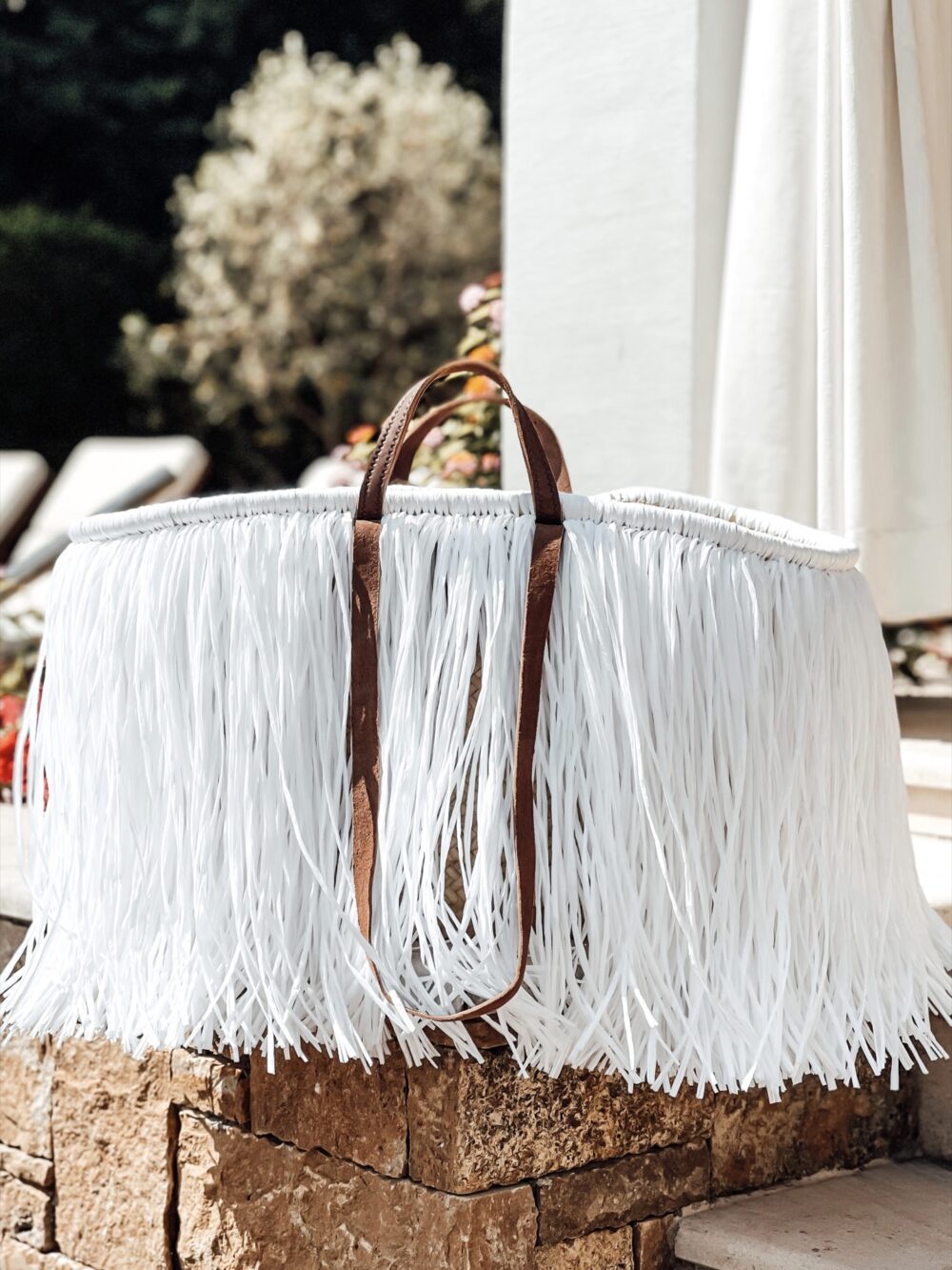 Tote Straw shoulder bag white with leather handles - Image 3
