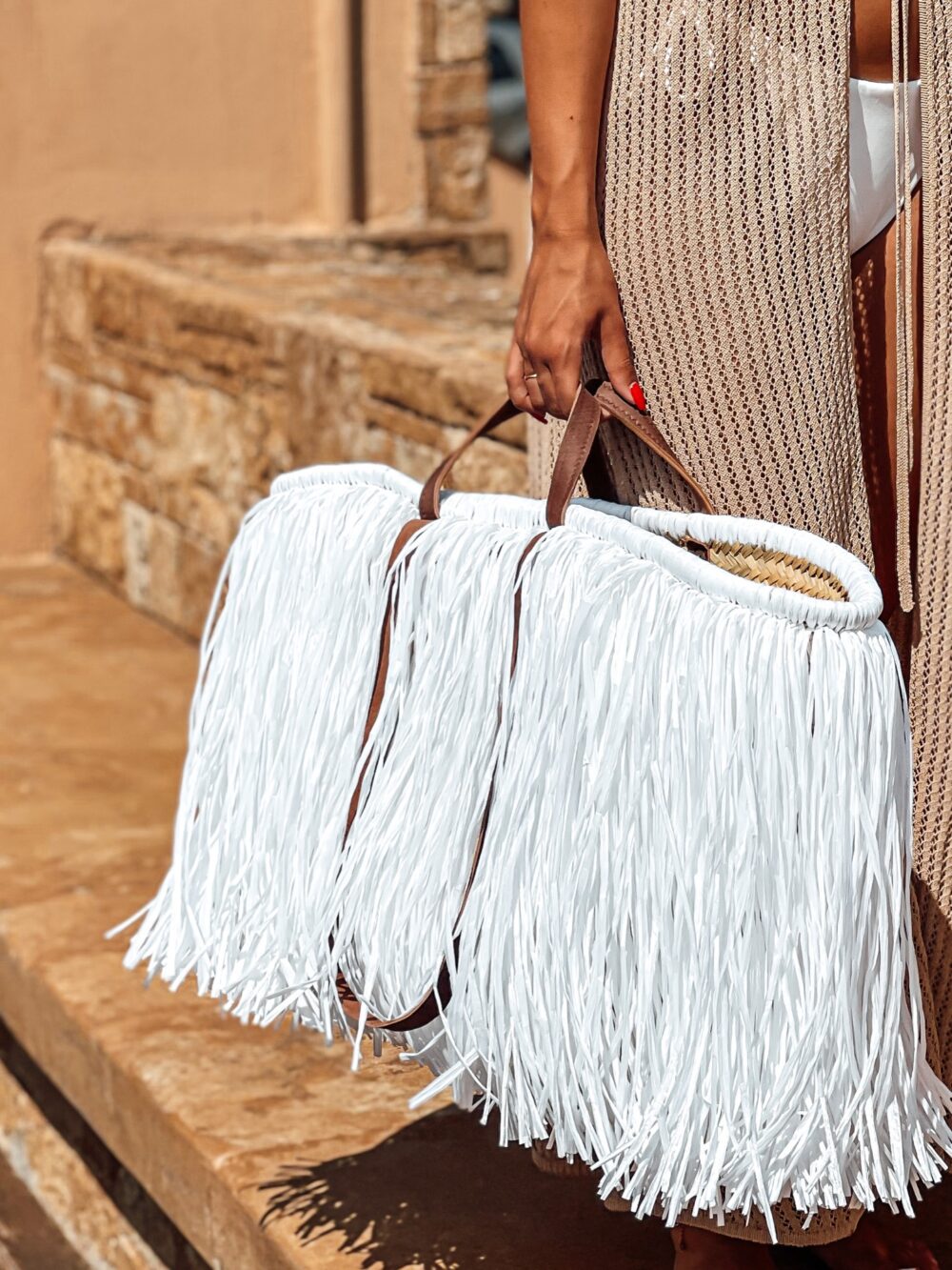 Grand Straw Shoulder bag white with leather handles - Image 5