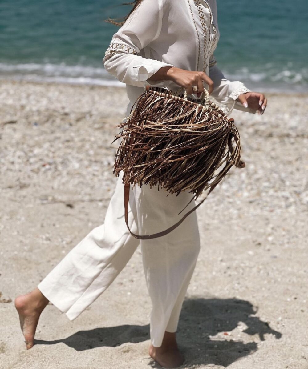 Petit straw bag multi beige with leather handles - Image 5