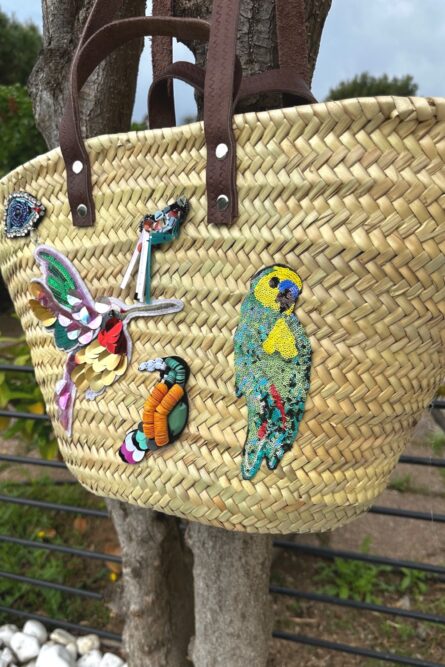 Tote Straw shoulder bag with Colored birds & leather handles