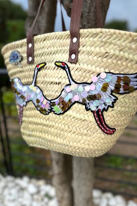 Tote Straw shoulder bag with Swans & leather handles