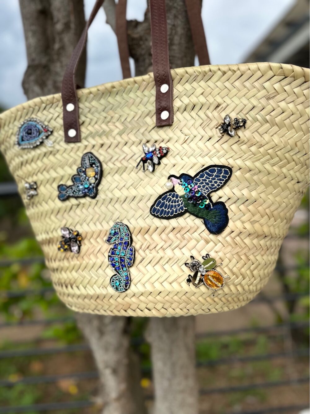 Tote Straw shoulder bag with Bugs & leather handles